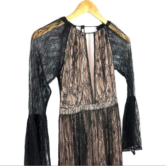 Whyte Eyelash Skirted Maxi Black Lace Sheer Romper Deep V-neck bell sleeves S - Picture 5 of 16